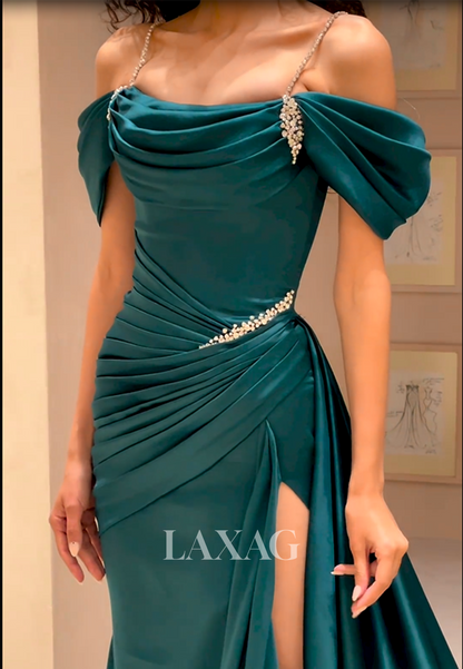 Off-Shoulder Beaded Draped Sleek Satin High Slit Prom Dress with Train