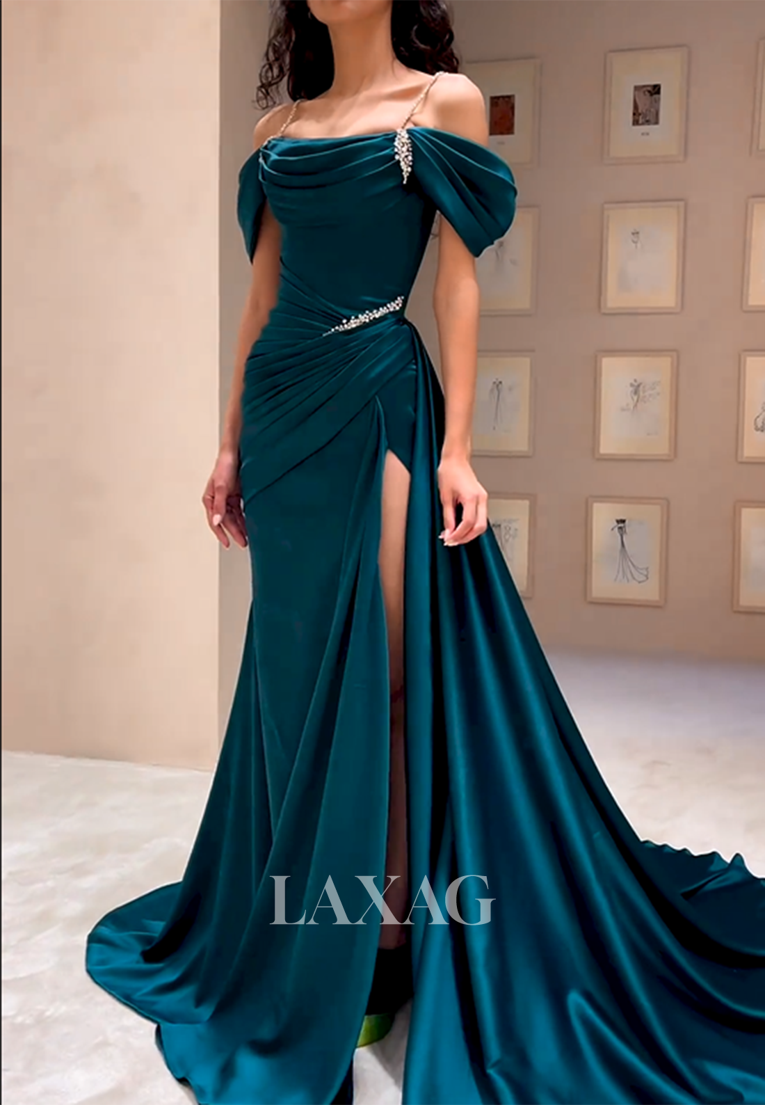 Off-Shoulder Beaded Draped Sleek Satin High Slit Prom Dress with Train