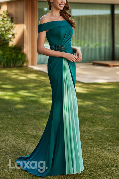 23064  - Off Shoulder Appliqeus Beaded Pleated Sleek Satin Cocktail Party Formal Evening Dress