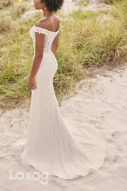 22594 - Off Shoulder Appliques High Slit Mermaid Wedding Dress with Train