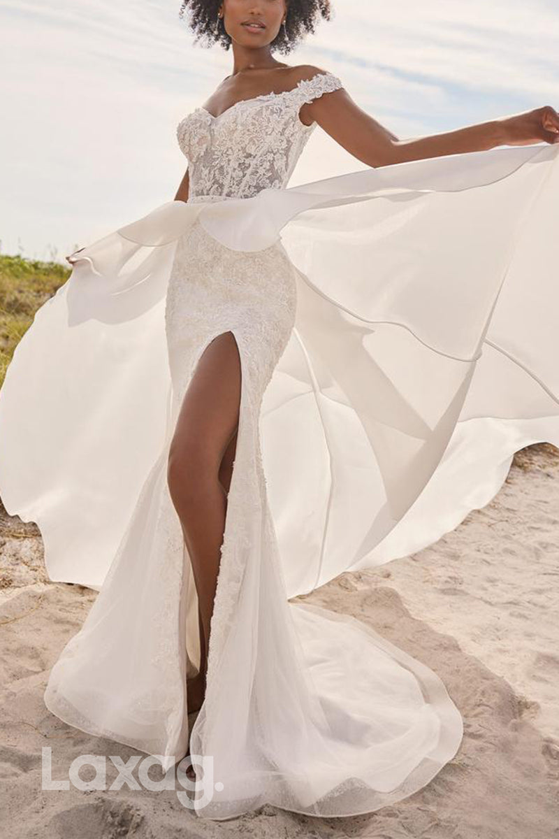 22594 - Off Shoulder Appliques High Slit Mermaid Wedding Dress with Train