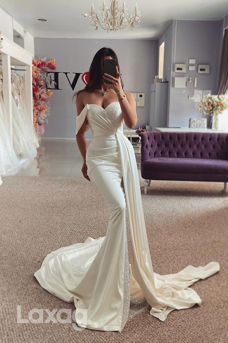 22409 - Off Shoulder Beaded Draped Sleek Satin illusion Mermaid Wedding Dress with Train