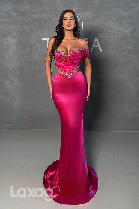 22149 - Off Shoulder Beaded illusion Sleek Satin Mermaid Party Prom Formal Evening Dress