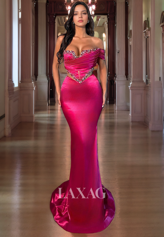 Off Shoulder Beaeded Cutout Sleek Satin Mermaid Party Prom Formal Evening Dress