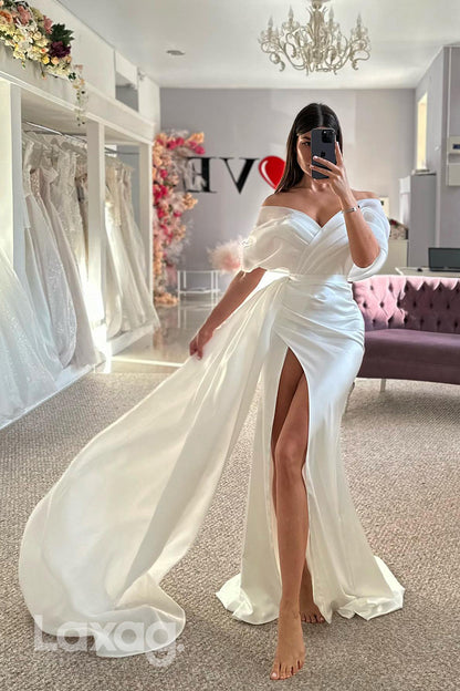 22400 - Off Shoulder Draped Sleek Satin High Slit Mermaid Wedding Dress with Train