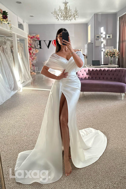 22400 - Off Shoulder Draped Sleek Satin High Slit Mermaid Wedding Dress with Train