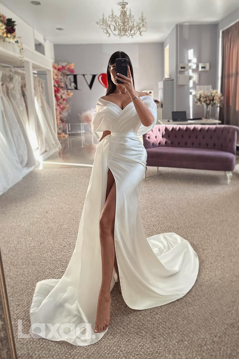 22400 - Off Shoulder Draped Sleek Satin High Slit Mermaid Wedding Dress with Train