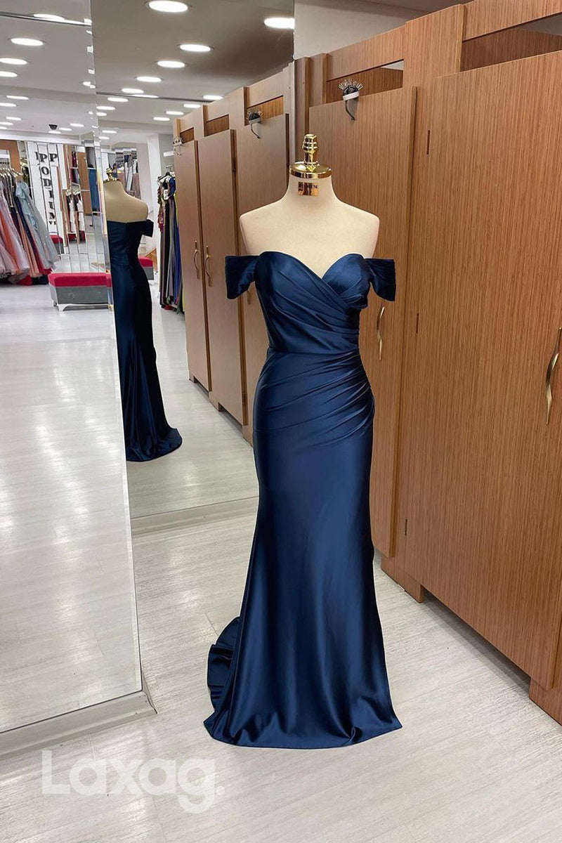 22223 - Off Shoulder Draped Sleek Satin Mermaid Party Prom Formal Evening Dress