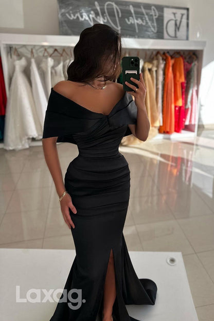 22243 - Off Shoulder Draped Sleek Satin Mermaid Prom Formal Evening Dress with Slit