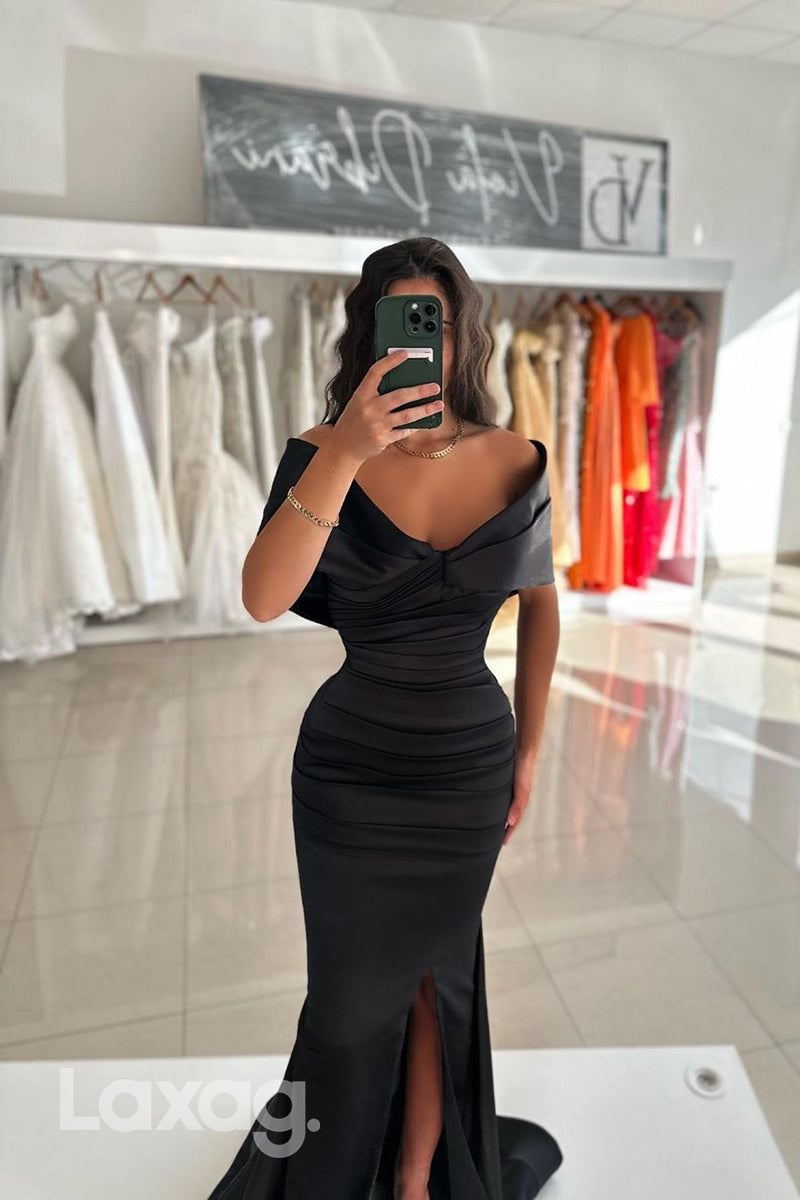 22243 - Off Shoulder Draped Sleek Satin Mermaid Prom Formal Evening Dress with Slit