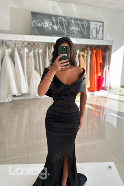 22243 - Off Shoulder Draped Sleek Satin Mermaid Prom Formal Evening Dress with Slit