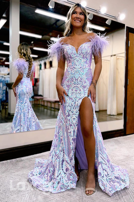 22227 - Off Shoulder Feathers Backless Appliques Mermaid Party Prom Formal Evening Dress