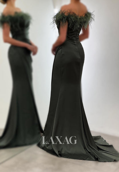 23162 - Off Shoulder Feathers Pleated Sleek Satin Party Prom Formal Evening Dress with Slit