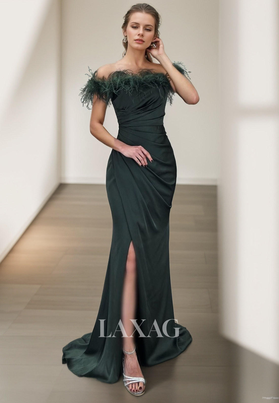 23162 - Off Shoulder Feathers Pleated Sleek Satin Party Prom Formal Evening Dress with Slit