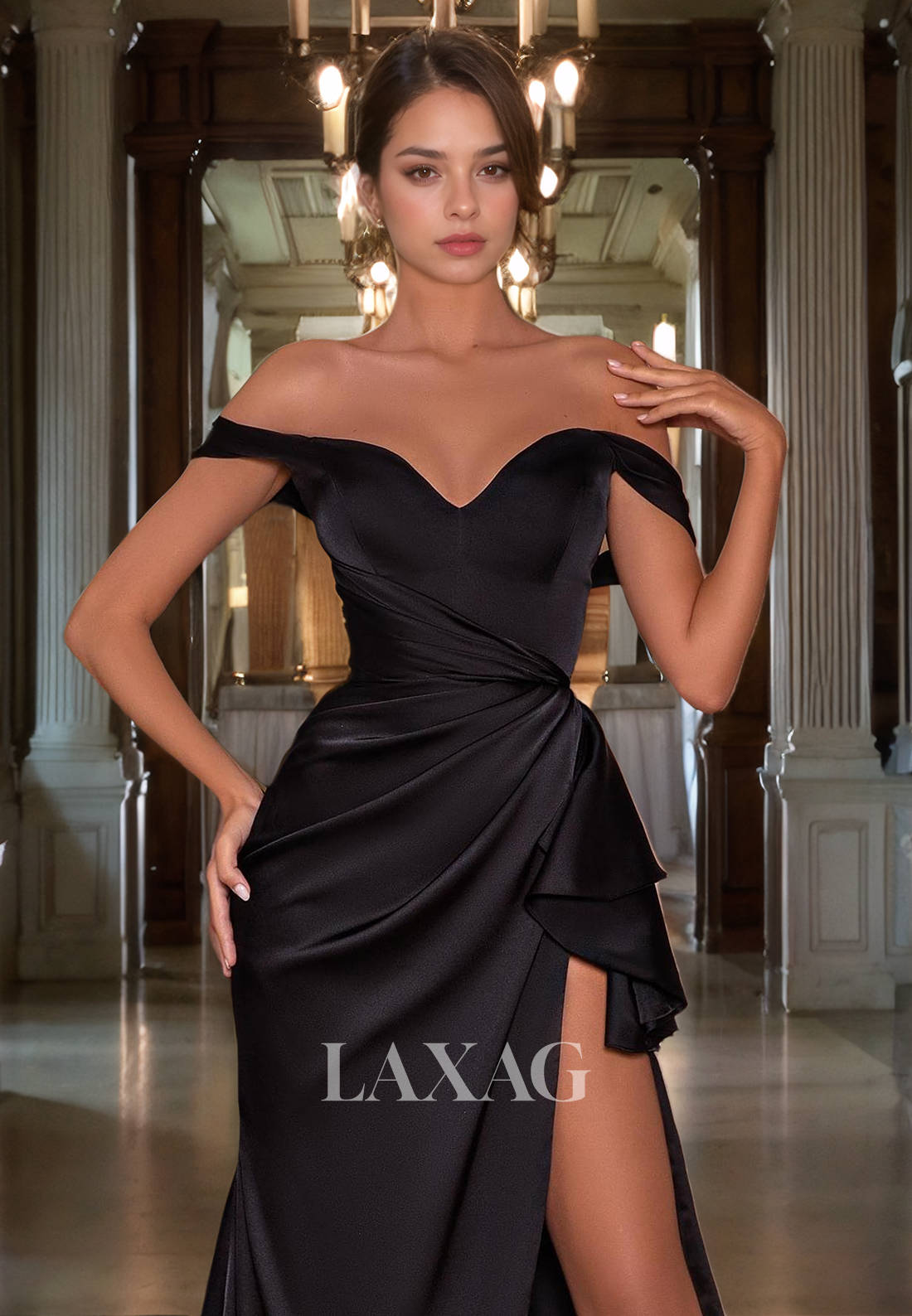 Off Shoulder High Slit Pleated Sleek Satin Party Prom Formal Evening Dress