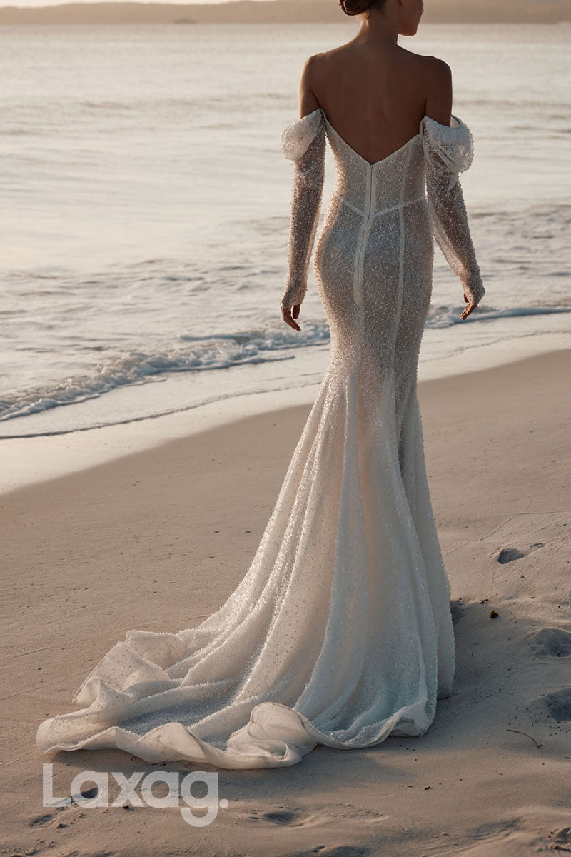 23015 - Off Shoulder Long Sleeves Beaded illusion Mermaid Wedding Dress with Train