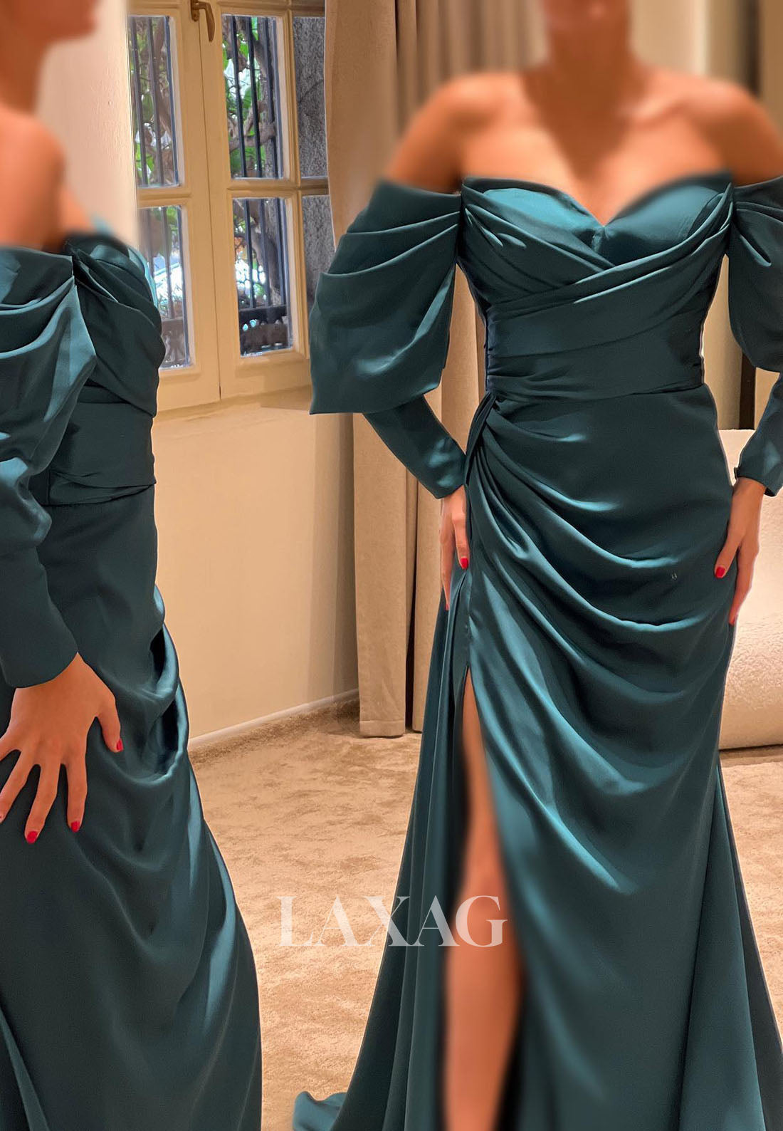 23160 - Off Shoulder Long Sleeves High Slit Party Prom Formal Evening Dress with Train