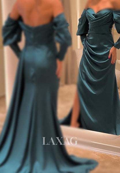 23160 - Off Shoulder Long Sleeves High Slit Party Prom Formal Evening Dress with Train