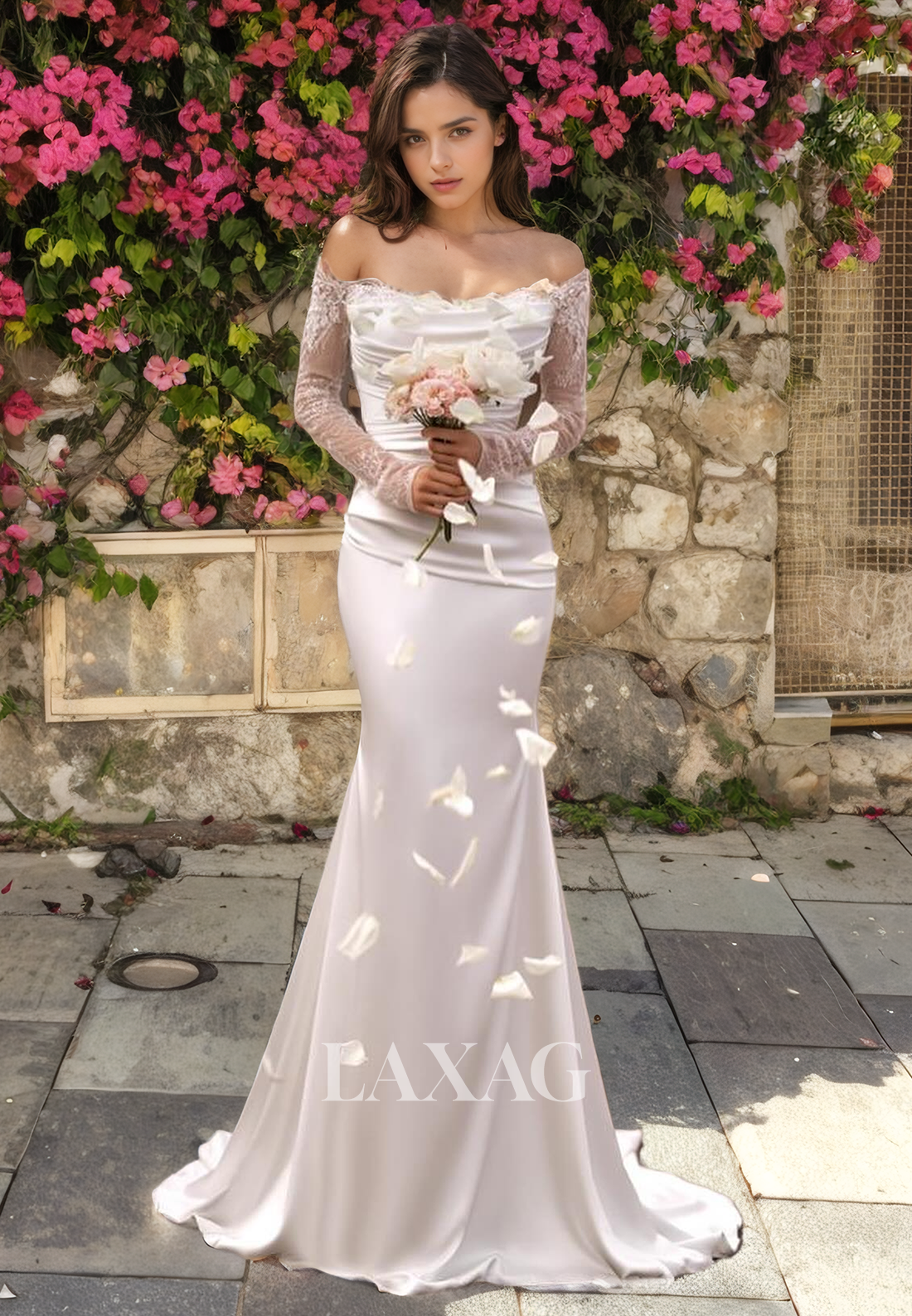 Off-Shoulder Lace Long-Sleeves Sleek Satin Pleated Mermaid Wedding Dress with Sweep Train