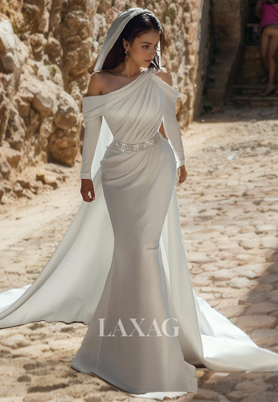 Off Shoulder Long Sleeves Sequins Sleek Satin Mermaid Wedding Dress with Train