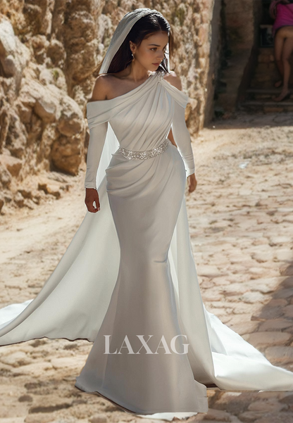 Off Shoulder Long Sleeves Sequins Sleek Satin Mermaid Wedding Dress with Train