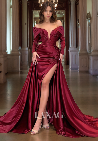 Off Shoulder Long Sleeves Sleek Satin High Slit Party Prom Formal Evening Dress with Train