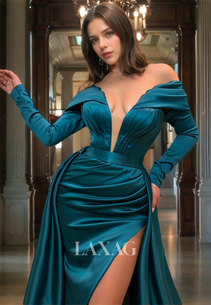 Off Shoulder Long Sleeves Sleek Satin High Slit Party Prom Formal Evening Dress with Train