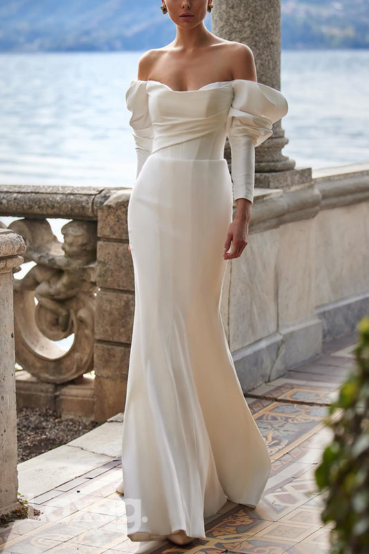 22726 - Off Shoulder Long Sleeves Sleek Satin Mermaid Wedding Dress with Sweep Train