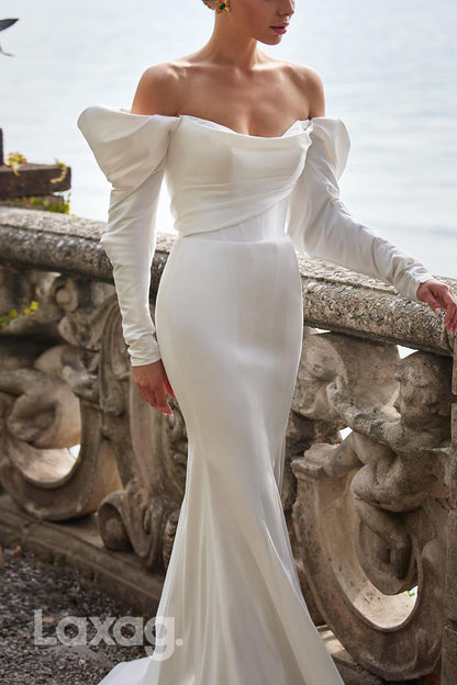 22726 - Off Shoulder Long Sleeves Sleek Satin Mermaid Wedding Dress with Sweep Train