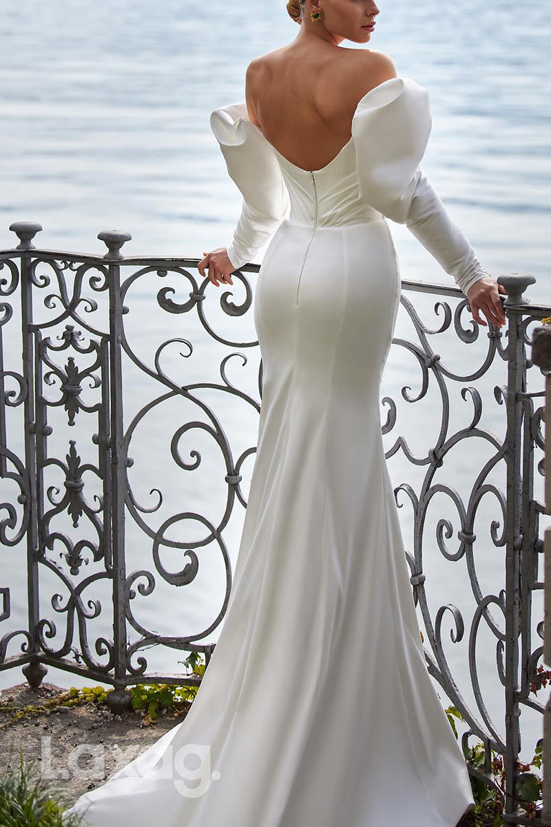 22726 - Off Shoulder Long Sleeves Sleek Satin Mermaid Wedding Dress with Sweep Train