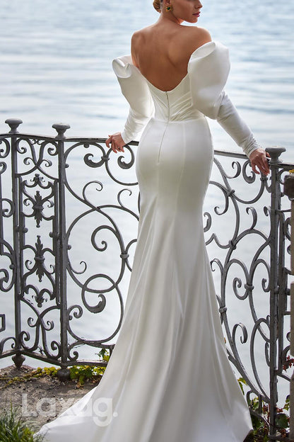 22726 - Off Shoulder Long Sleeves Sleek Satin Mermaid Wedding Dress with Sweep Train