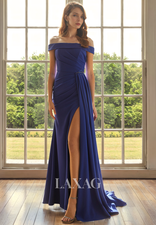 Off Shoulder Pleated Sleek Satin Mother of the Bride Dress with Slit and Train