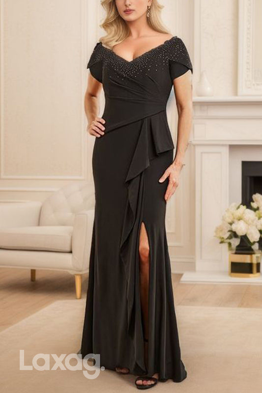 22744 - Off Shoulder Rainstone Sleek Satin Mother of the Bride Dress with Slit