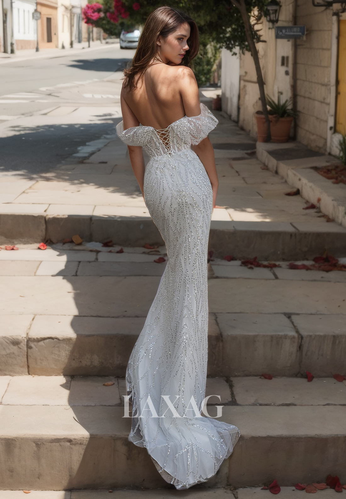 Off Shoulder Sequins Tulle Sleek Satin Mermaid Wedding Dress with Train