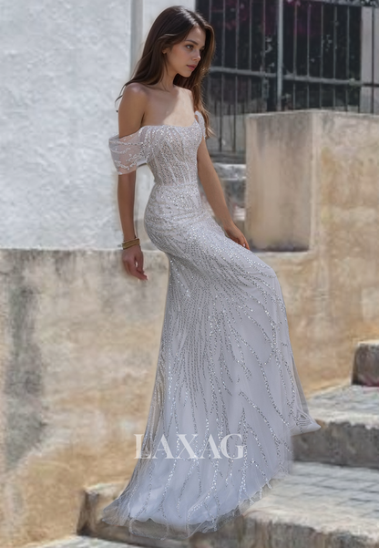 Off Shoulder Sequins Tulle Sleek Satin Mermaid Wedding Dress with Train