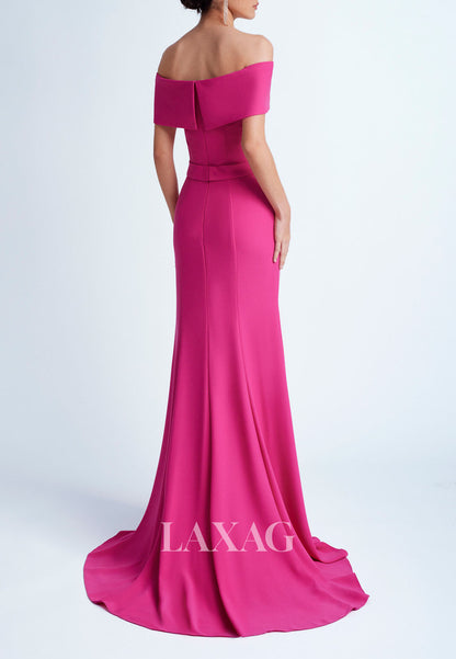 23115 - Off Shoulder Sleek Satin Cocktail Party Formal Evening Dress with Train