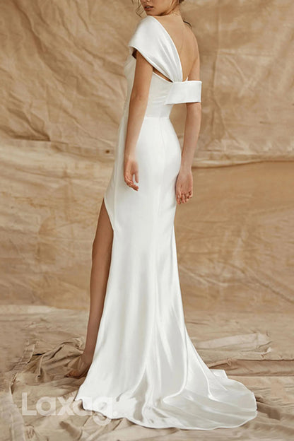 22792 - Off Shoulder Sleek Satin High Slit Mermaid Wedding Dress with Sweep Train