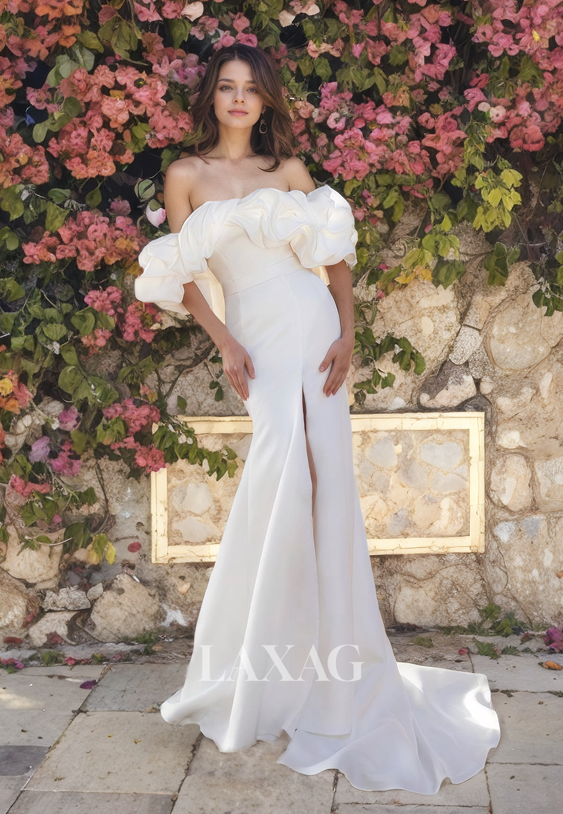 Off Shoulder Sleek Satin High Slit Mermaid Wedding Dress with Train