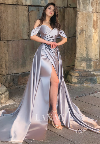 Off Shoulder Sleek Satin High Slit Party Prom Formal Evening Dress with Train