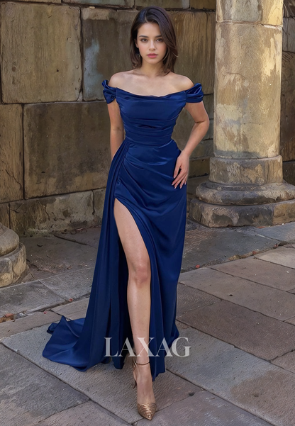 Off Shoulder Sleek Satin High Slit Party Prom Formal Evening Dress with Train