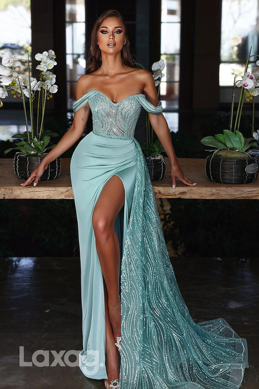 22313 - Off Shoulder Strapless Sequins High Slit Mermaid Party Prom Formal Evening Dress