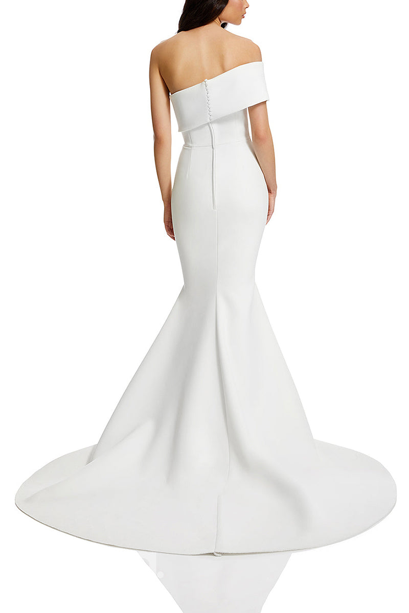 22990 - A-Line Square Straps Sleek Satin Elegant Wedding Dress with Slit and Train