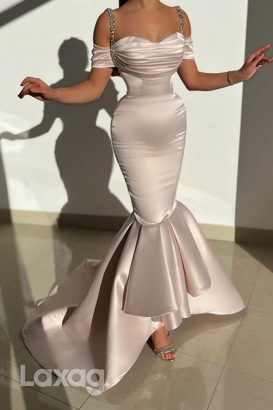 22240 - Off Shoulder Straps Beaded Sleek Satin Mermaid Prom Formal Evening Dress