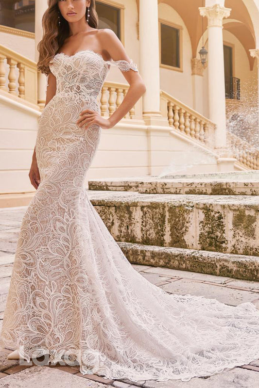 22600 - Off Shoulder Sweetheart Appliques Mermaid Wedding Dress with Train