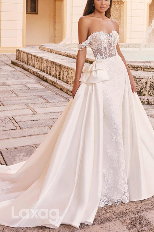 22604 - Off Shoulder Sweetheart Appliques illusion Mermaid Wedding Dress with Train