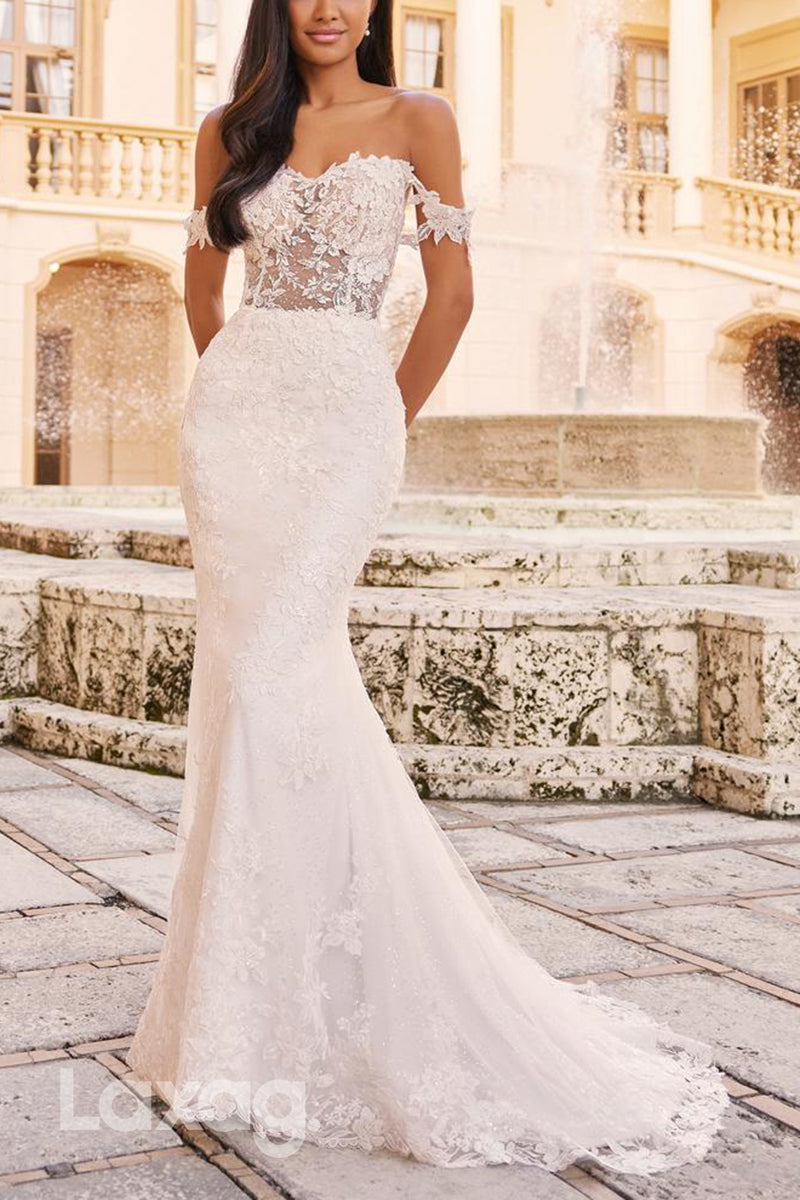 22604 - Off Shoulder Sweetheart Appliques illusion Mermaid Wedding Dress with Train