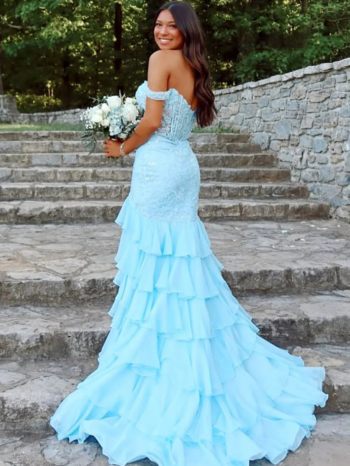 V-Neck Off-Shoulder Sleeveless Applique Chiffon Pleated Tiered Long A-Line Prom Dress with Slit