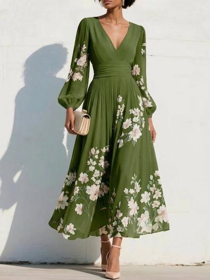 V-Neck Long-Sleeves Print-Chiffon Pleated Tea-Length A-Line Mother of the Bride Dress
