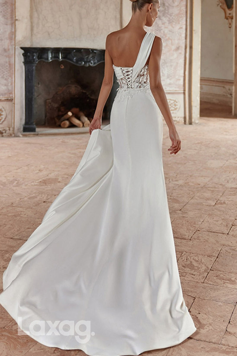 22716 - One Shoulder Appliques High Slit Mermaid Wedding Dress with Train