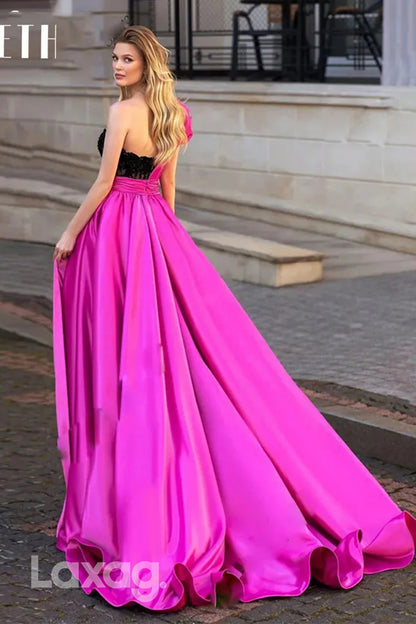 22166 - One Shoulder Appliques illusion Sleek Satin High Slit Party Prom Formal Evening Dress